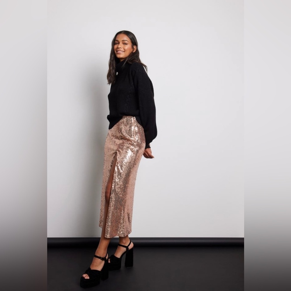 Midi Slit Detail Sequin Skirt - Rose Gold